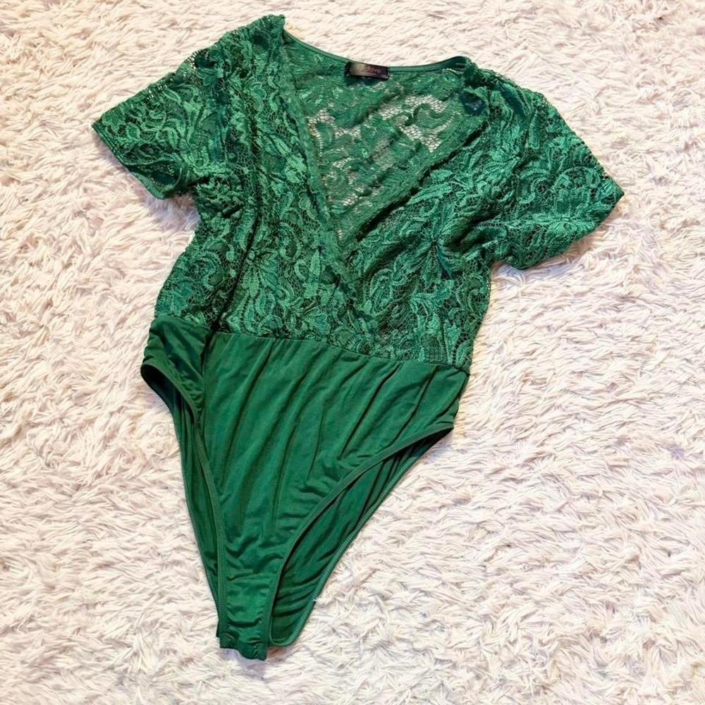 Old Hollywood Soft Stretchy Sheer Sexy Regal Layered Emerald Bodysuit Womens XL